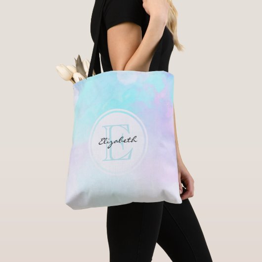 Monogram van de moderne Pastel Blauw en Paarse Wat Tote Bag (Dichtbij)