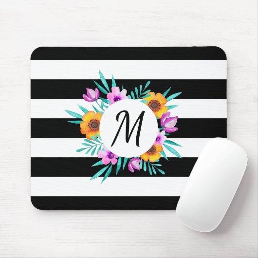 Monogram van de moderne Waterverf Floral Black Str Muismat (Met muis)