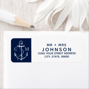 Monogram van de Nautical White Sketch Anchor Navy Etiket