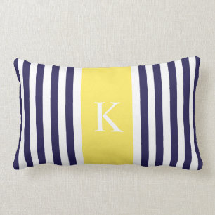 Monogram van de Navy Lemon Yellow Stripes Kussen