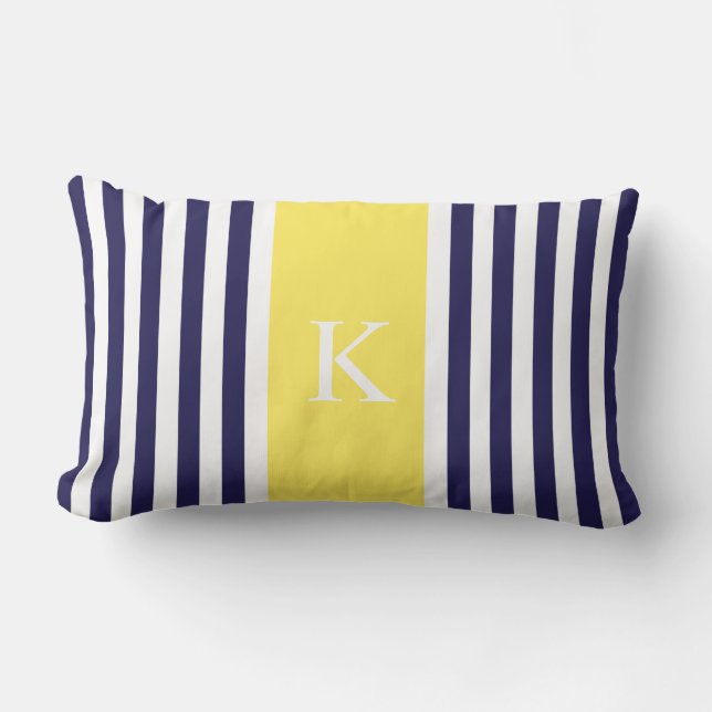 Monogram van de Navy Lemon Yellow Stripes Kussen (Voorkant)