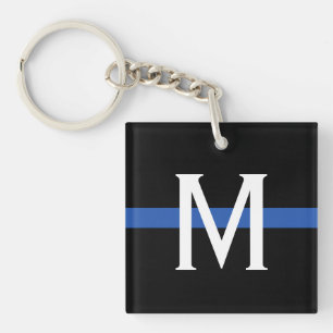 Monogram van de politie met blauwe lijn sleutelhanger