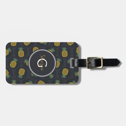 Monogram van de retro black gold pineappelpatronen bagagelabel (Voorkant horizontaal)