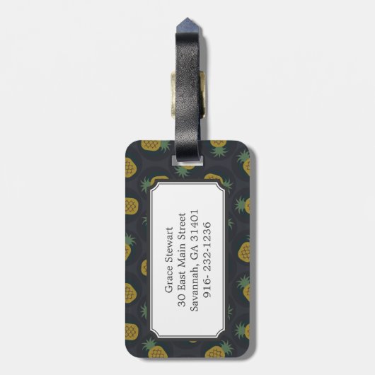 Monogram van de retro black gold pineappelpatronen bagagelabel (Achterkant verticaal)