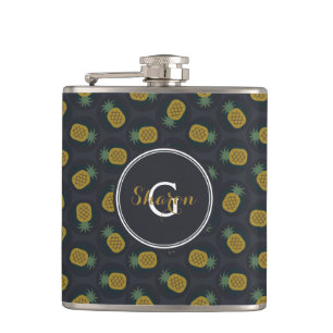 Monogram van de retro black gold pineappelpatronen heupfles