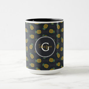 Monogram van de retro black gold pineappelpatronen mok