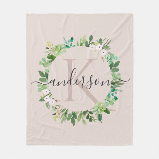 MONOGRAM VAN DE ZACTE BLUSH PINK WREATH FOLIAGE WA FLEECE DEKEN (Voorkant)