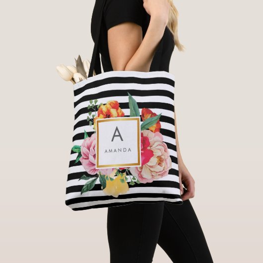 Monogram van de zwarte en witte Waterverf Peony Fl Tote Bag (Dichtbij)
