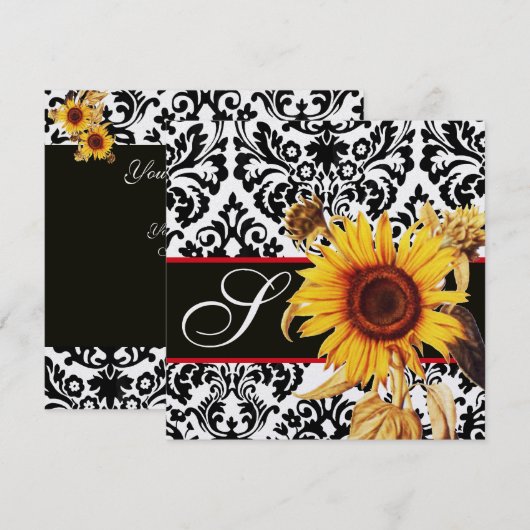 MONOGRAM VAN GEEL SUNFLOWER ZWARTE WITTE DAMASKMON KAART (Voorkant / Achterkant)