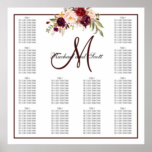 Monogram van het Bourgogne Floral Wedding Seating Poster (Voorkant)
