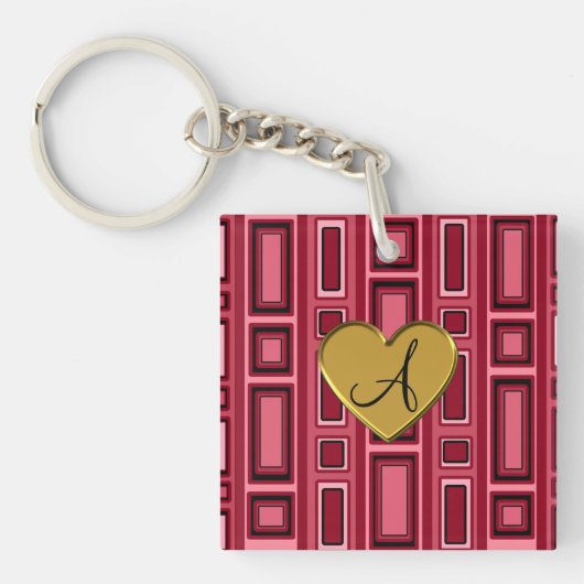 Monogram van het Burgundy Red Retro-kwadratenmonog Sleutelhanger (Voorkant)