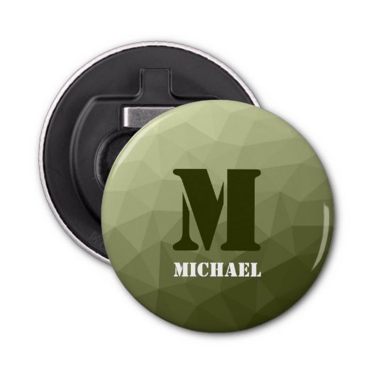 Monogram van het groene, geometrisch maaspatroon v button flesopener (Voorkant)