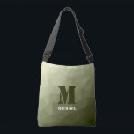 Monogram van het groene, geometrisch maaspatroon v crossbody tas<br><div class="desc">Monogram personaliseer met uw douane initiaal en naam. Driehoeken ombre van het groene verloopgeometrische gaaspatroon. Driehoek geometrische mazen met licht donkergrijze groene ombre gradiënt. leger, leger, patroon, maas, mazen, driehoeken, geometrie, geometrisch, gradiënt, cool, driehoek, groen</div>