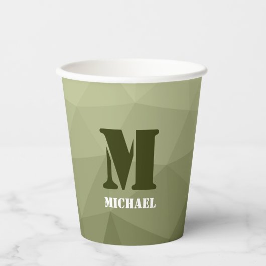 Monogram van het groene, geometrisch maaspatroon v papieren bekers (Voorkant)