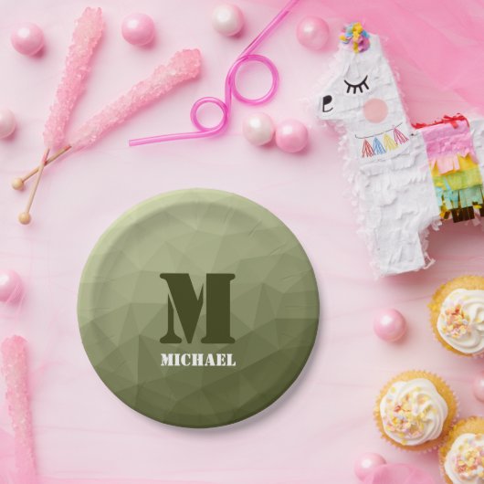 Monogram van het groene, geometrisch maaspatroon v papieren bordje (Feest)