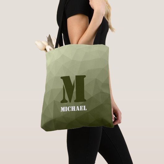 Monogram van het groene, geometrisch maaspatroon v tote bag (Dichtbij)