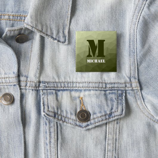 Monogram van het groene, geometrisch maaspatroon v vierkante button 5,1 cm (In situ)