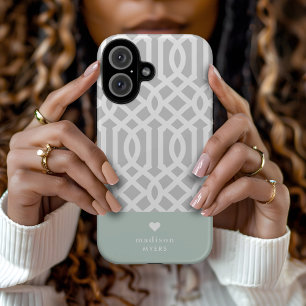 Monogram van het hart van Mint en Grijs Trellis iPhone 16 Hoesje