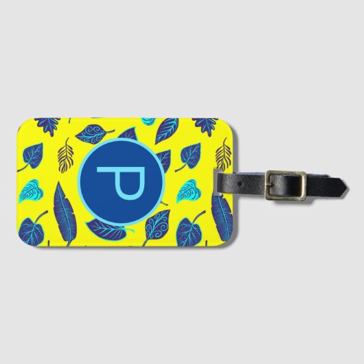 Monogram van het heldere, gele tropische leder bagagelabel (Voorkant (horizontaal))