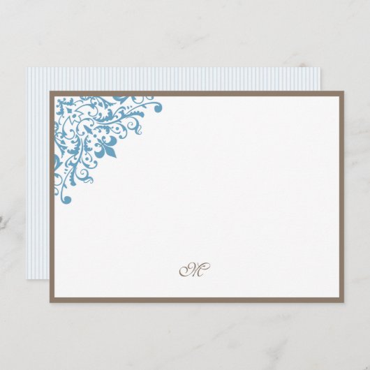 Monogram van het Manuscript Blue Stripe Fleur de L Notitiekaartje (Voorkant / Achterkant)