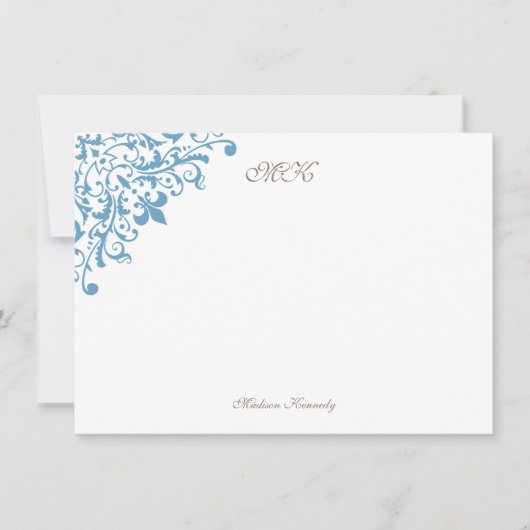 Monogram van het Manuscript Blue Stripe Fleur de L Notitiekaartje (Voorkant)