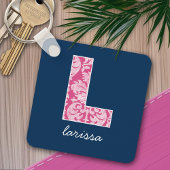 Monogram van het Navy and Hot Pink Damask Patroon  Sleutelhanger