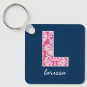 Monogram van het Navy and Hot Pink Damask Patroon  Sleutelhanger (Voorkant)