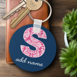 Monogram van het Navy- en Hot Pink Damask Patroon Sleutelhanger