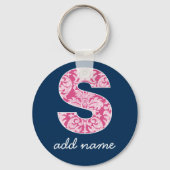 Monogram van het Navy- en Hot Pink Damask Patroon Sleutelhanger (Voorkant)
