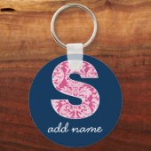 Monogram van het Navy- en Hot Pink Damask Patroon Sleutelhanger (Voorkant)