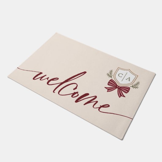 Monogram van het paar Crest Bow Welkom Kerstmis Deurmat (Schuin)