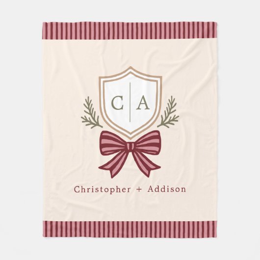 Monogram van het paar Namen Crest Bow Kerstmis Fleece Deken (Voorkant)