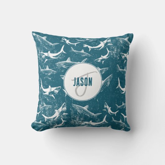 Monogram van het patroon van het Blauwe Shark Kussen (Voorkant)