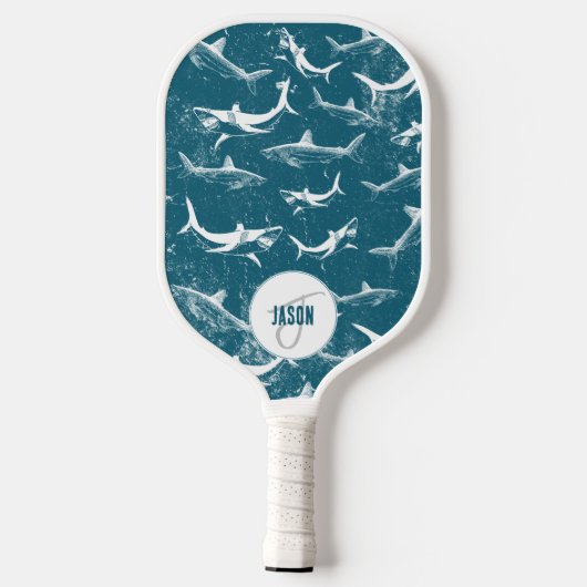 Monogram van het patroon van het Blauwe Shark Pickleball Paddle (Achterkant)