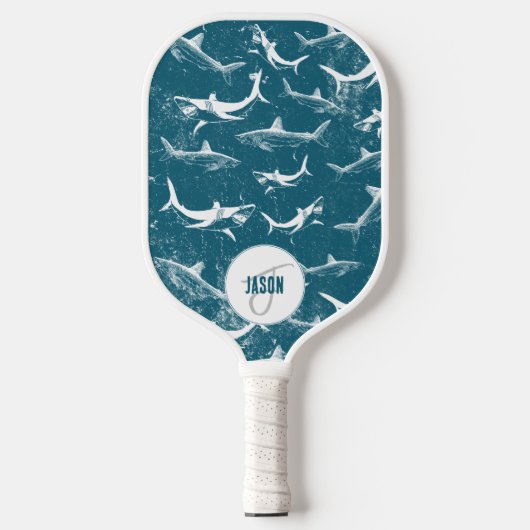 Monogram van het patroon van het Blauwe Shark Pickleball Paddle (Voorkant)