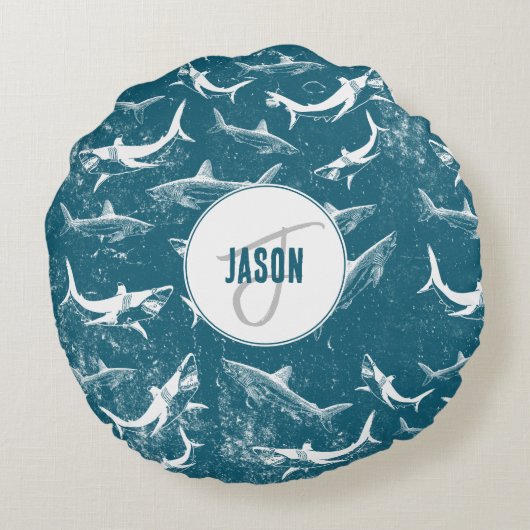 Monogram van het patroon van het Blauwe Shark Rond Kussen (Achterkant)