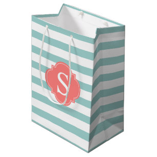 Monogram van het Patroon van Munt en Coral Stripes Medium Cadeauzakje