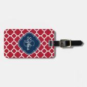 Monogram van het Red Lattice Pattern Navy Bagagelabel (Voorkant horizontaal)