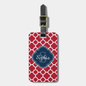Monogram van het Red Lattice Pattern Navy Bagagelabel (Voorkant verticaal)