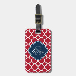 Monogram van het Red Lattice Pattern Navy Bagagelabel