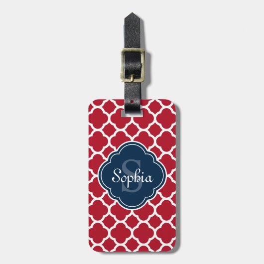 Monogram van het Red Lattice Pattern Navy Bagagelabel (Voorkant verticaal)