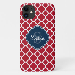 Monogram van het Red Lattice Pattern Navy Case-Mate iPhone Case