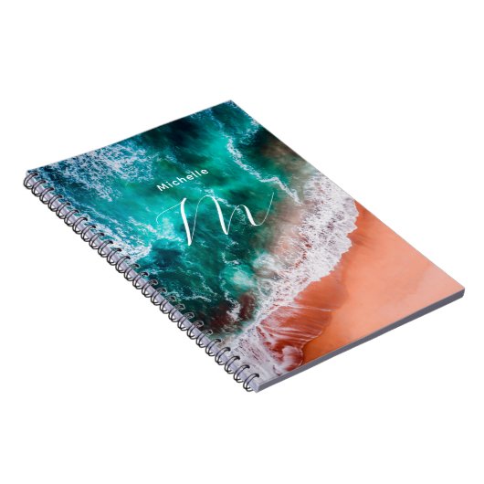 Monogram van het strand van de Moderne Blauwe ocea Notitieboek (Rechterzijde)