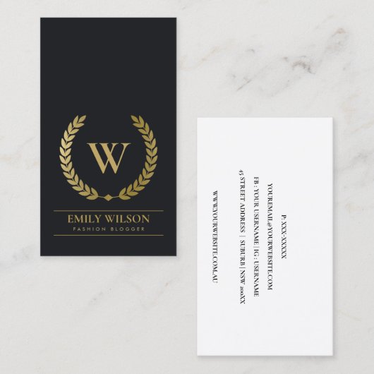 MONOGRAM VAN HET ZWARTE GOUD FLORAL LAUREL WREATH  VISITEKAARTJE (Voorkant / Achterkant)