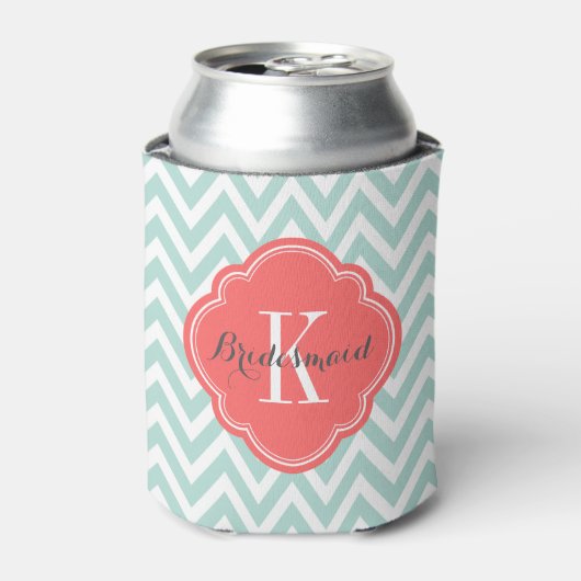 Monogram van munt en koraal chevron blikjeskoeler (Blikje Voorkant)