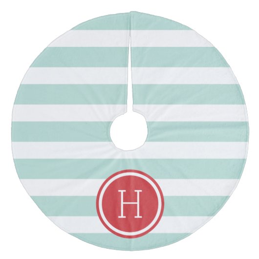 Monogram van munt en rode preppy strepen fleece kerstboom rok (Voorkant)