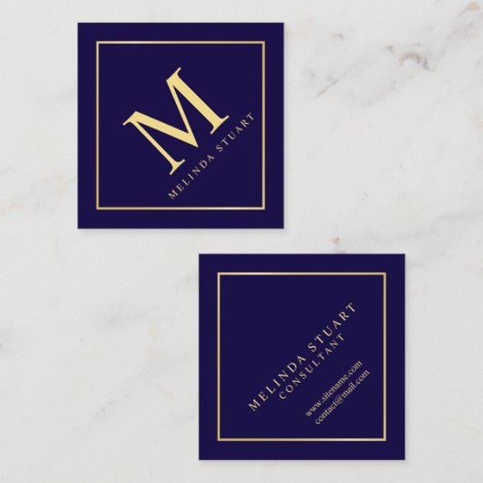 Monogram van Navy Blue en Gold Elegant Vierkante Visitekaartje (Voorkant / Achterkant)
