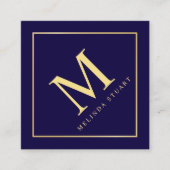 Monogram van Navy Blue en Gold Elegant Vierkante Visitekaartje (Voorkant)