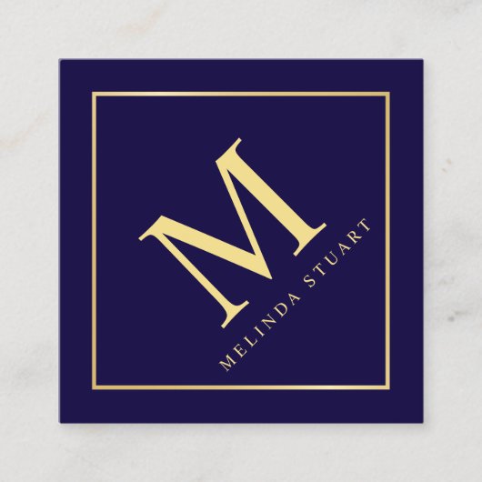 Monogram van Navy Blue en Gold Elegant Vierkante Visitekaartje (Voorkant)