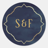  monogram van Navy Blue en Gold Foil Ronde Sticker (Voorkant)